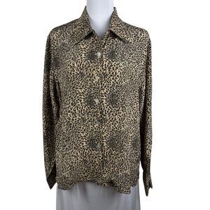 Donna Gray Women Blouse XL Silk Button Down Long Sleeve Animal Print Brown Tan